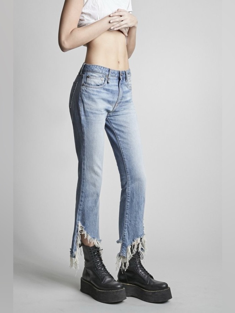 R13 Kick Fit Torn Straight Jeans 30 Mason Blue Denim Raw Hem Minimalist NWT - Picture 2 of 16